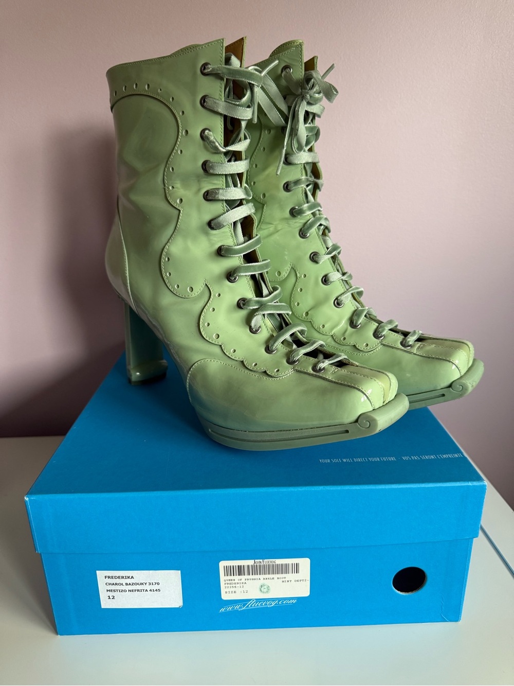 John Fluevog “Frederika” Patent Green Boots